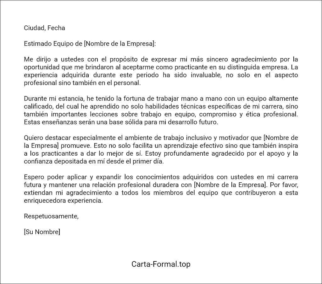 Carta de agradecimiento por una oportunidad de prácticas profesionales en una empresa ejemplo