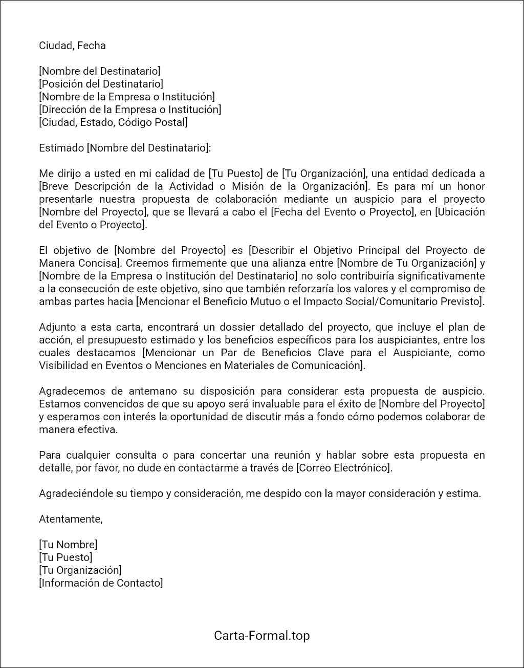 plantilla de Carta de presentación de una solicitud de auspicio 