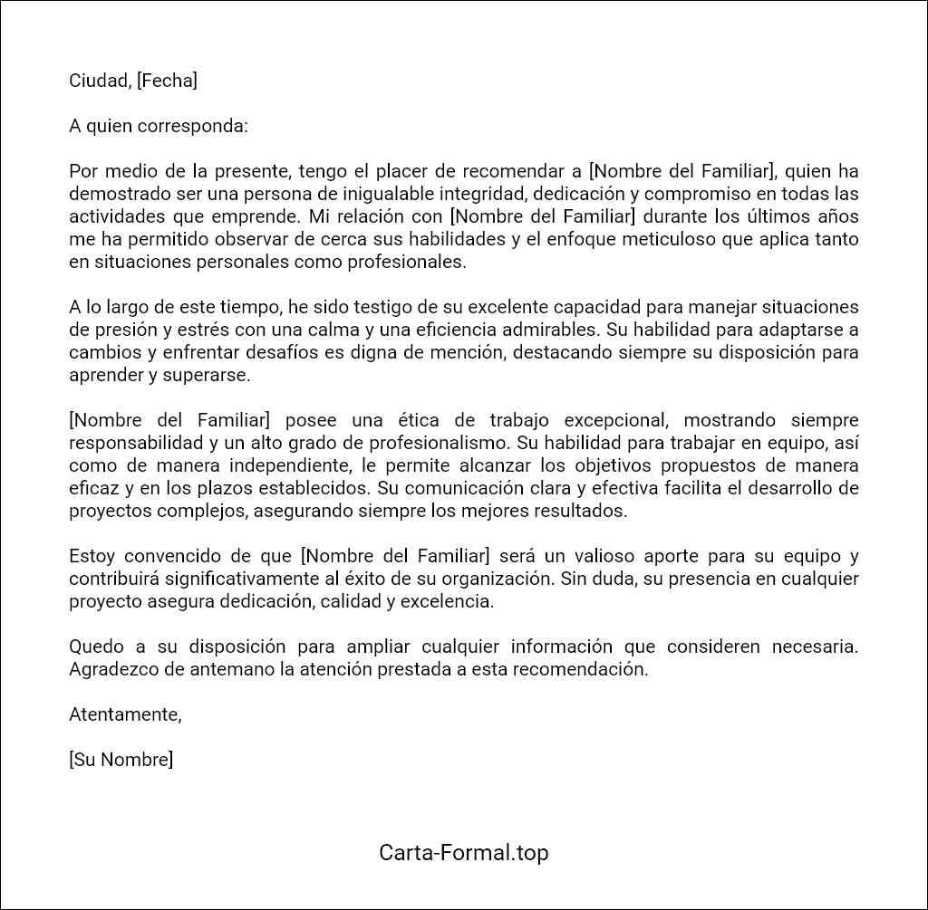 como elaborar una Carta de recomendación familiar para un trabajo