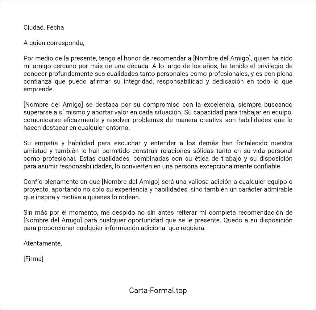 Carta de recomendación personal de un amigo formato