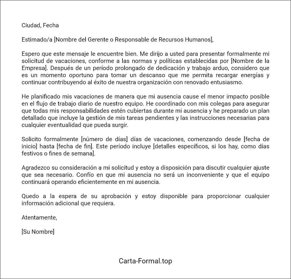 modelo de Carta de solicitud de vacaciones