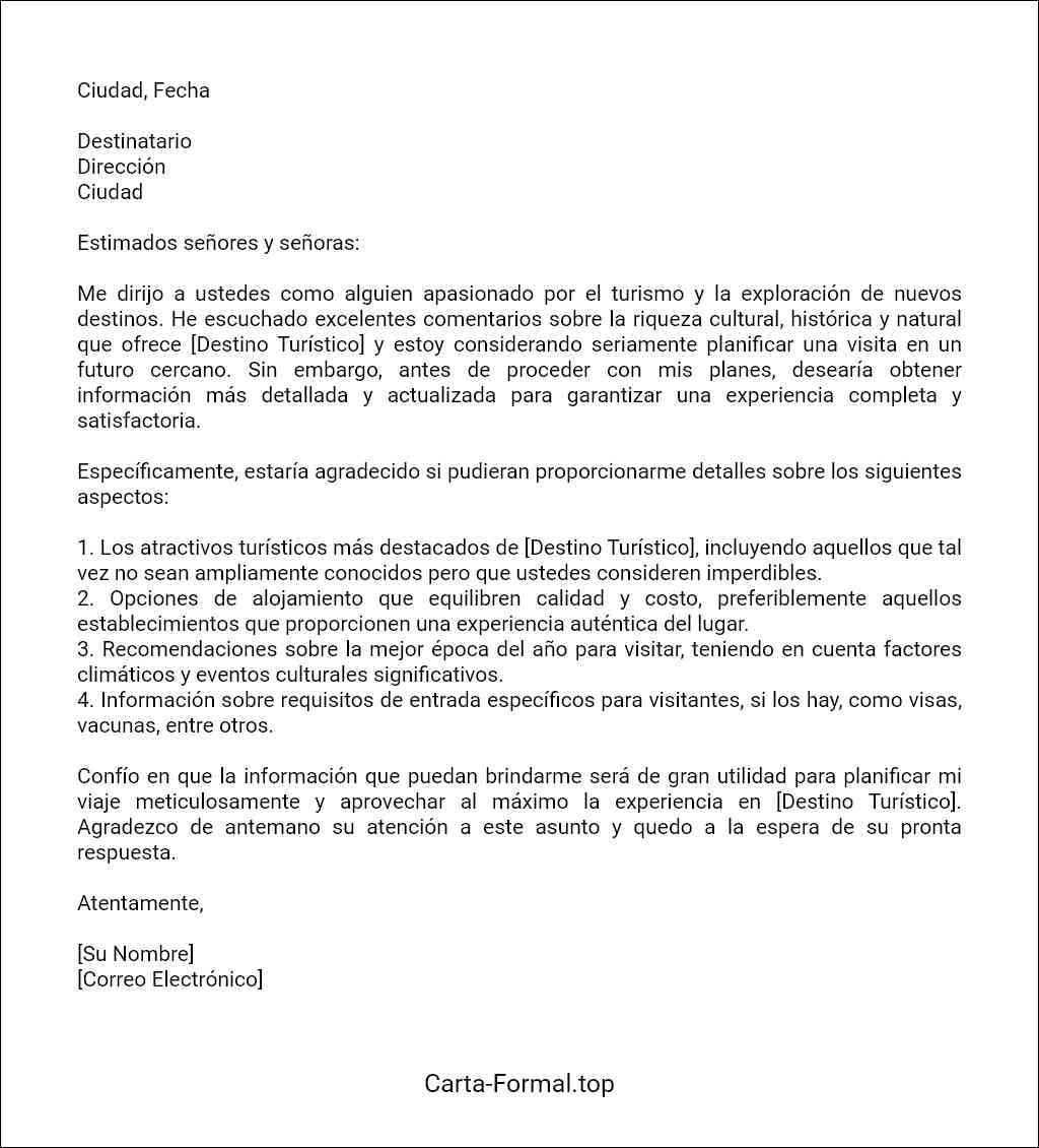 formato de Carta de solicitud de información sobre un destino turístico