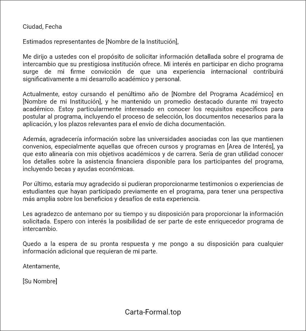 Carta de solicitud de información sobre un programa de intercambio modelo