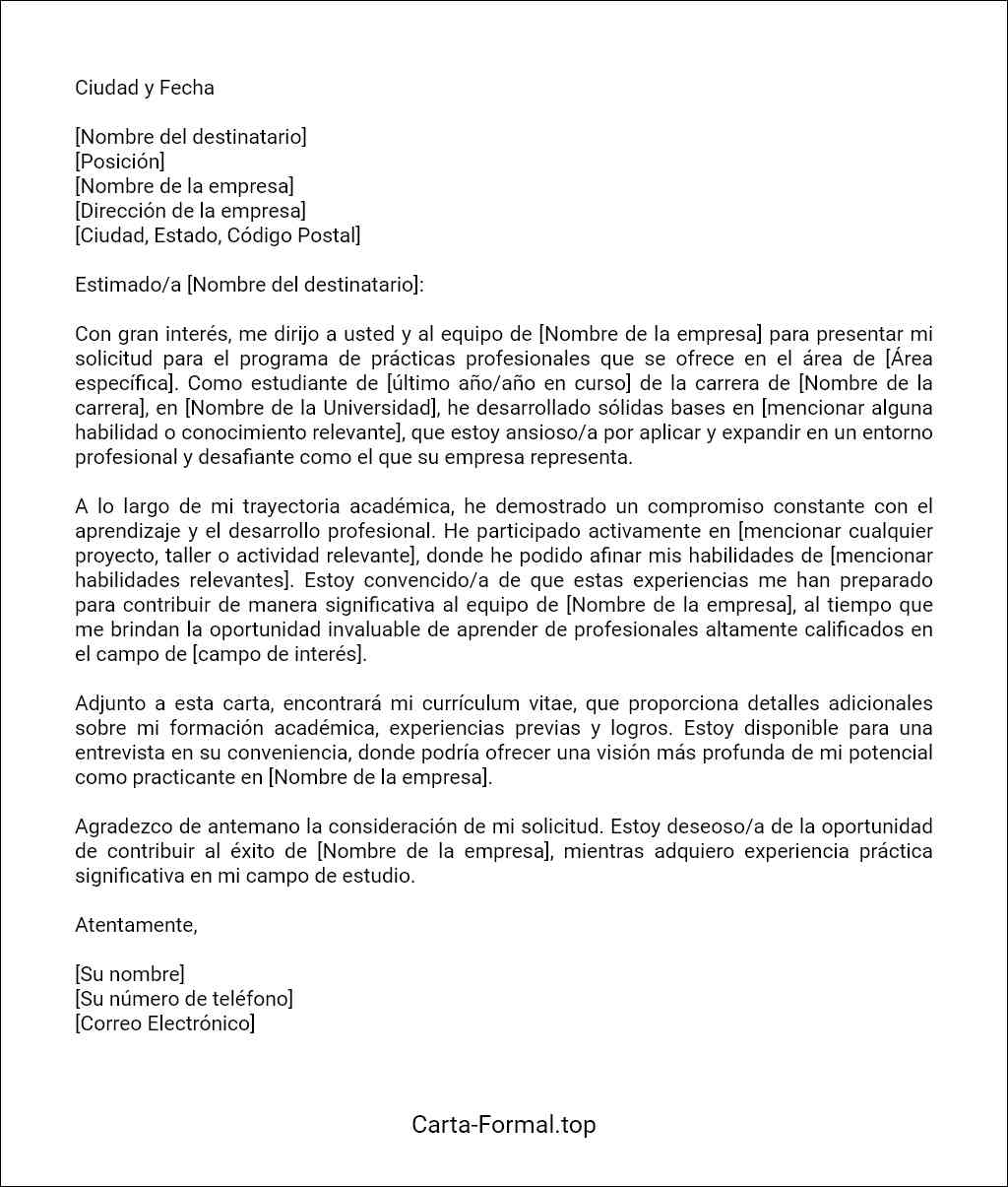 Carta de presentación de una solicitud de prácticas profesionales modelo