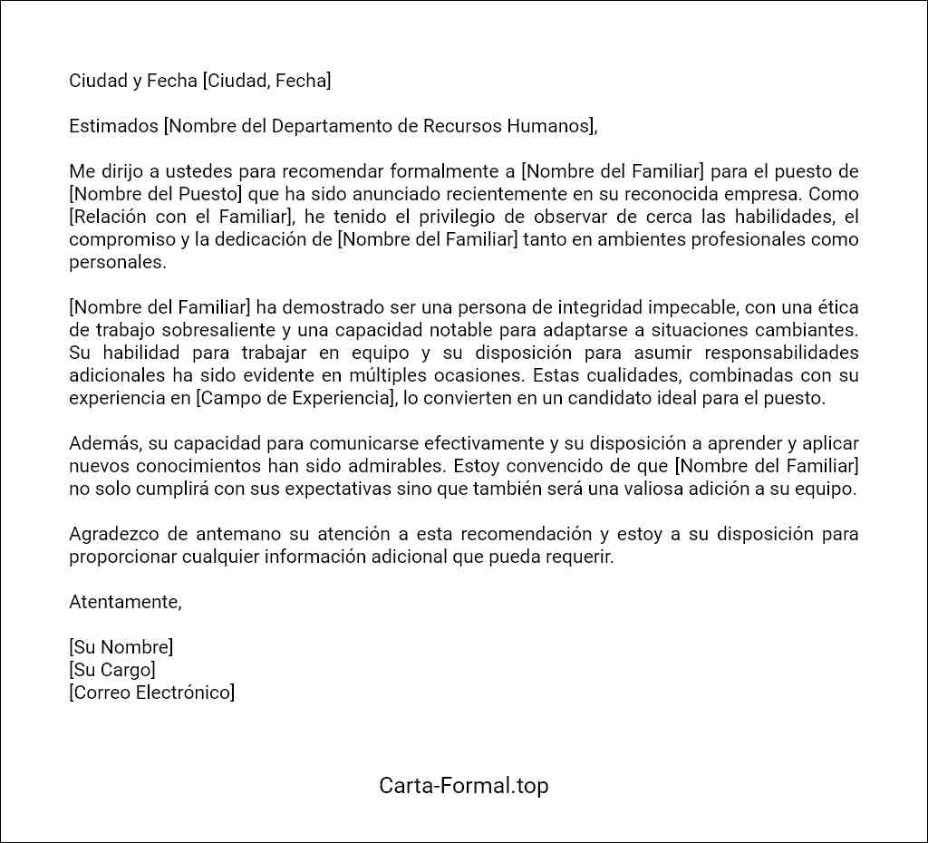 formato de Carta de recomendación familiar para un trabajo 