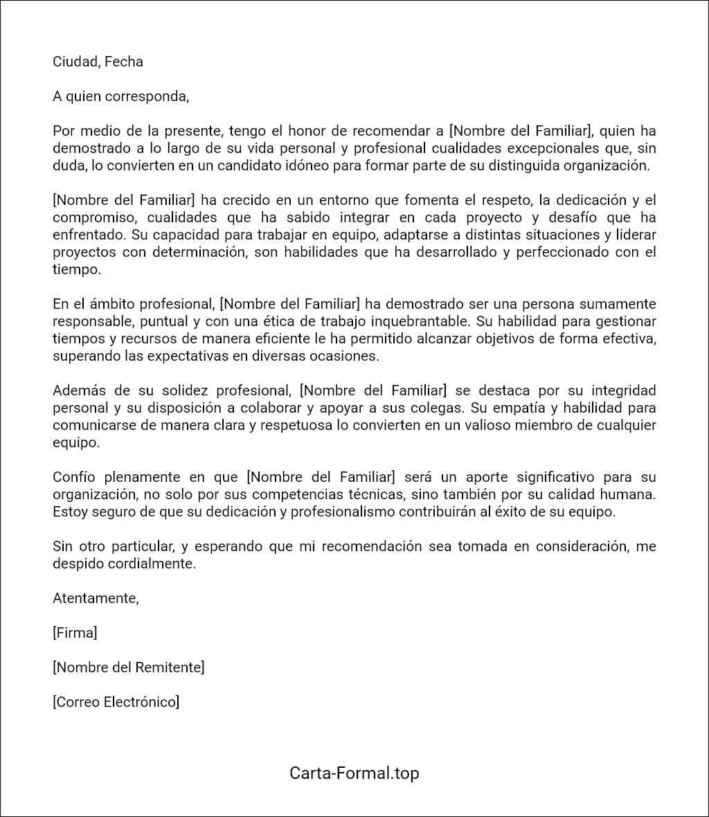 Carta de recomendación familiar para un trabajo modelo