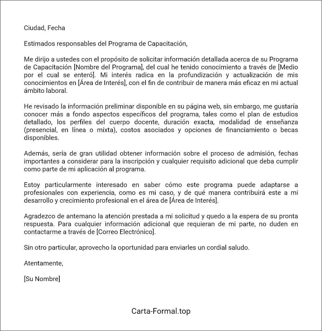 Carta de solicitud de información sobre un programa de capacitación formato