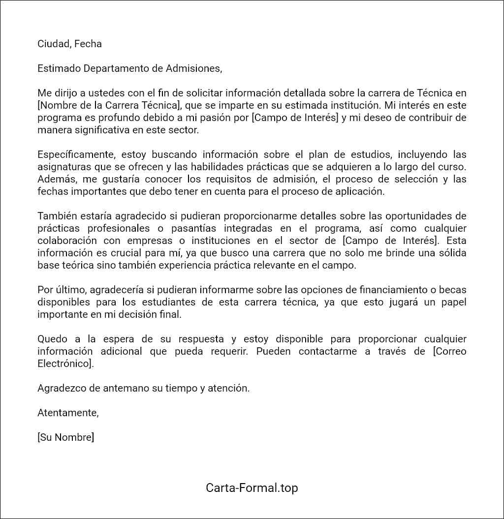 ejemplo de Carta de solicitud de información sobre una carrera técnica